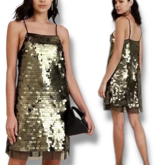 Banana Republic NWT Women XL Mini Sequin Dress Gold Mesh Hem Muted Party Event - Picture 1 of 9